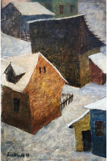 017. Incze János (  1912 - 1999 ) Épületek hóban, 1958