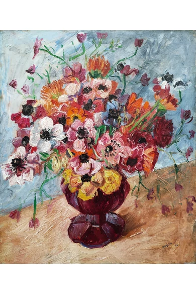 033. Basch Andor (1885 - 1944) Izzó nyári virágok, rubinvörös vázában, 1933