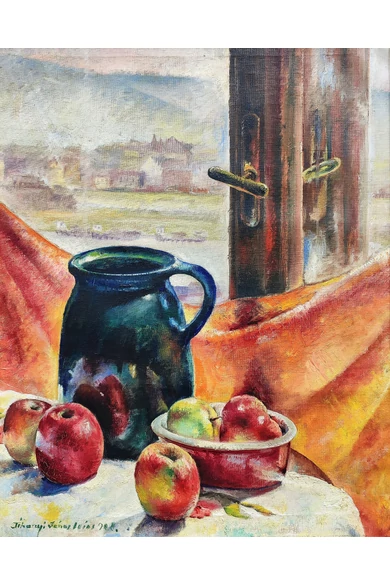 053. Tihanyi János Lajos ( 1892 - 1957 ) Csendélet városi panorámával, 1928